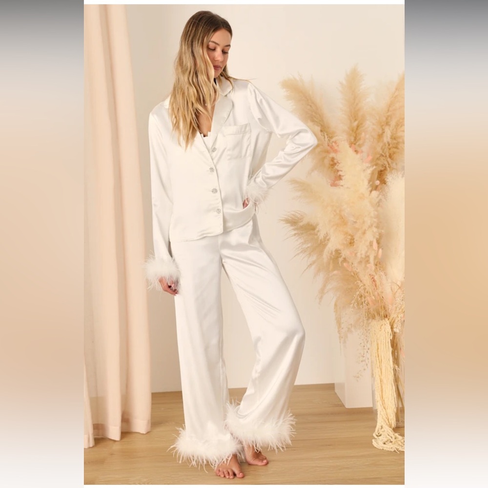 Lulu's Dreamiest Delight White Satin Feather Two-Piece Pajama Set